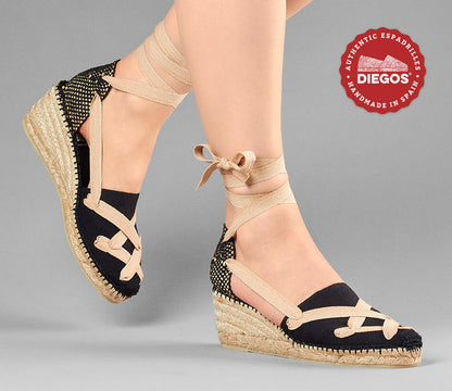 All black Lola high wedge classic laces espadrilles