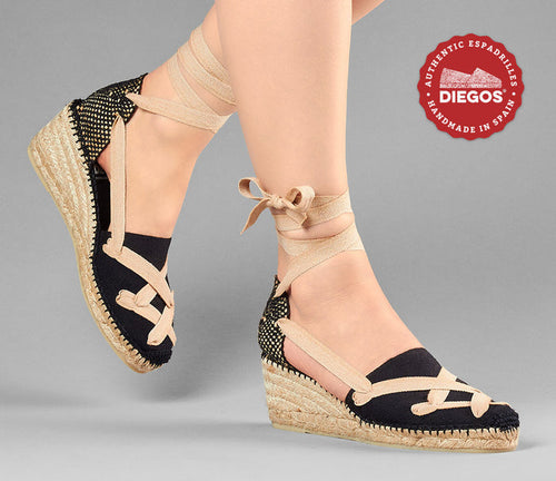 All black Lola high wedge classic laces espadrilles