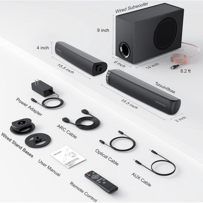 Cowin Sound Bar with Subwoofer, 110W Sound Bar for Smart TV with Adjustable Deep Bass & Volume Boost & 3 EQ Modes, Bluetooth/ARC/Opt/AUX, Detachable Soundbar for TV/PC/Gaming/Projector Cowinaudio