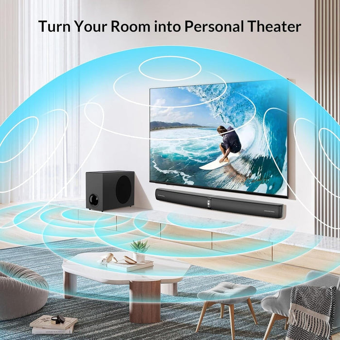 Cowin Sound Bar with Subwoofer, 110W Sound Bar for Smart TV with Adjustable Deep Bass & Volume Boost & 3 EQ Modes, Bluetooth/ARC/Opt/AUX, Detachable Soundbar for TV/PC/Gaming/Projector Cowinaudio