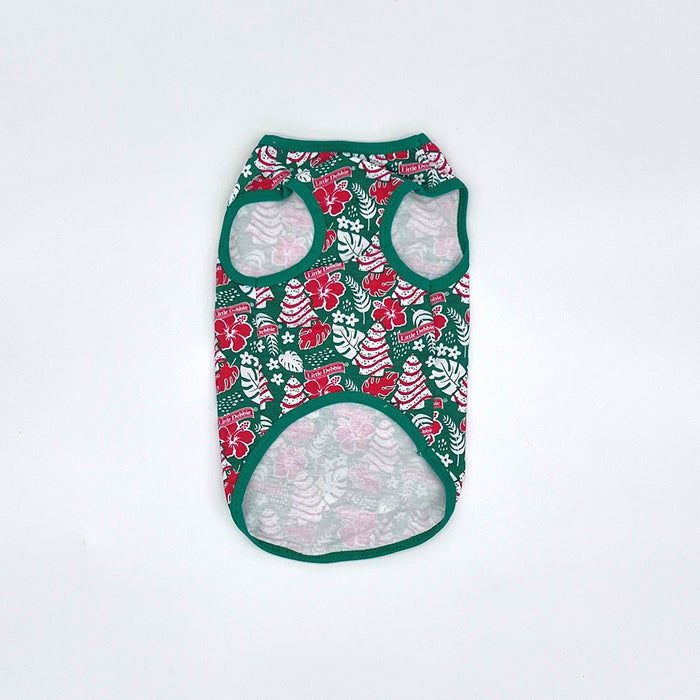 Back-view of Little Debbie Hawaiian Dog shirt showcasing the green Little Debbie Hawaiian pattern, highlighted by red and white designs of Little Debbie Christmas Tree Cakes, Little Debbie Red Ribbon Logos, and an aloha leaf and flower motif.