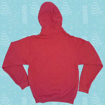 Back view of a red Little Debbie University hoodie with its hood up. It's set against a light blue background patterned with white illustrations of Christmas Trees Cakes, Christmas Tree Brownies, snowflakes, and other winter motifs.