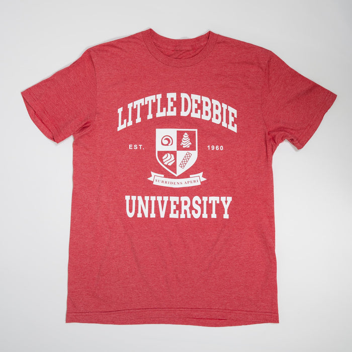 Red t-shirt with 'Little Debbie University' text and logo on a white background