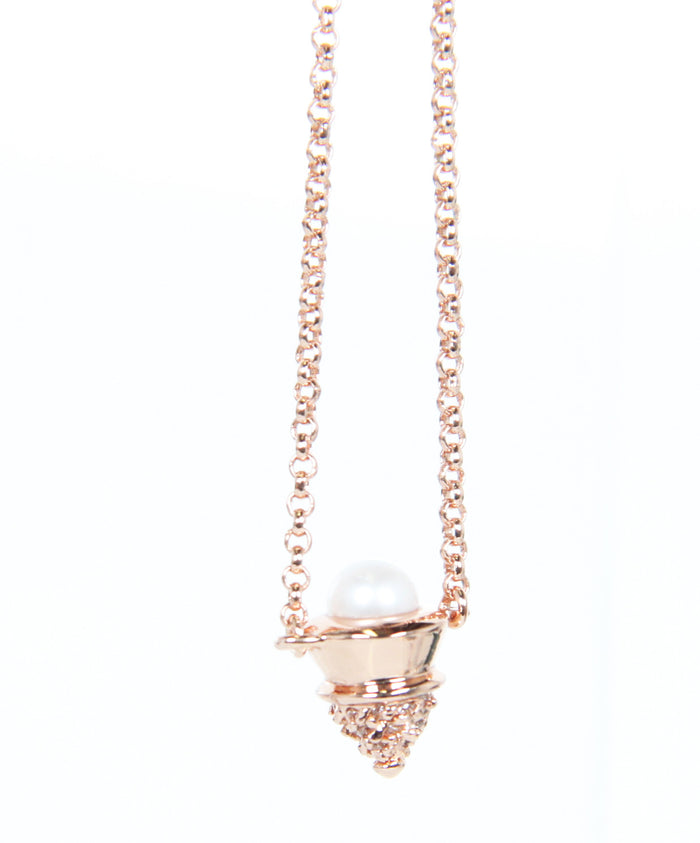Pave Pearl Single Cone Necklace, Rose Gold