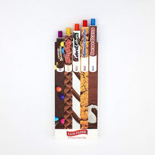 Front view of the Little Debbie Scribbles 5-piece pen set inspired by Cosmic Brownies, Nutty Buddy, Zebra Cakes, Oatmeal Creme Pies, and Swiss Rolls, presented in a charming Little Debbie Branded Box.